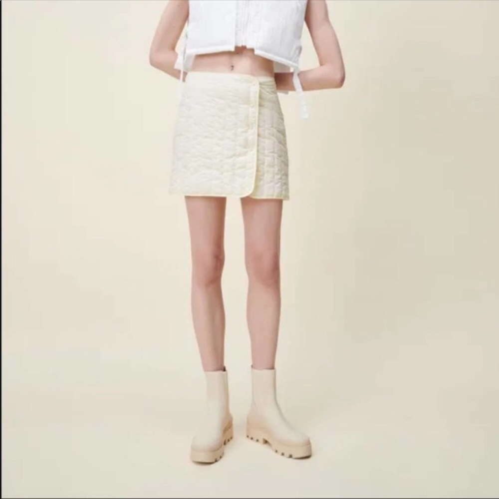 Zara Quilted Mini Skirt Large Preppy Ivory Nylon Snap